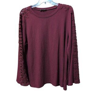 DG2 by Diane Gilman Burgundy Sweater with Embroidered Open Eyelet Long Sleeves